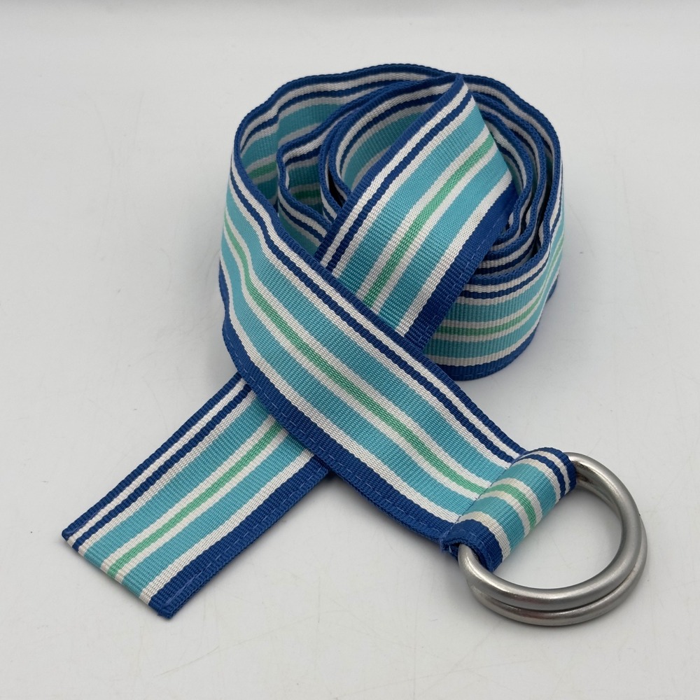 L.L. Bean Belt Blue Striped D-Ring Webbing Modern M Preppy Coastal Accessory